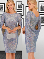 Robe de soirée élégante tropicale à épaules dénudées, coupe trapèze, bleue, ornée de paillettes et de pompons, longueur thé, taille basse, écologique
