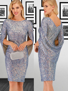 Robe de soirée élégante tropicale à épaules dénudées, coupe trapèze, bleue, ornée de paillettes et de pompons, longueur thé, taille basse, écologique - Product Image 2