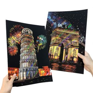 Papel para Rascar con Diseño de Paisaje Nocturno Arquitectónico Colorido, Regalo Creativo de Cumpleaños con Tarjeta de Regalo de Viaje al Redor del Mundo Incluida - Product Image 4