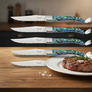 Ensemble de couteaux en acier inoxydable 1.4116, 6 pièces, tranchants comme des rasoirs, à lame dentelée, manche en nacre, ensemble de couteaux à steak Laguiole avec boîte cadeau en bois - Product Image 1