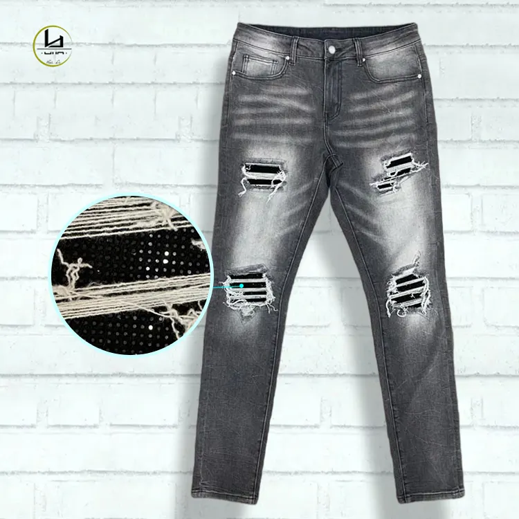 Street wear style cool guys jeans mens gray distressed jeans with black rhinestone patch on knee