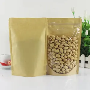 Mooie Prijs Rits Voedselverpakking Zak Met Doorzichtig Venster Kraftpapier Opstaand Zakje Voor Noten Poeder Snack