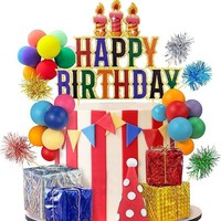 34-teiliges Buntes Geburtstagstorten-Deko-Set mit Happy Birthday Kerzen, Luftballons, Geschenkboxen, Partyhüten, Pompons und Kuchendekoration