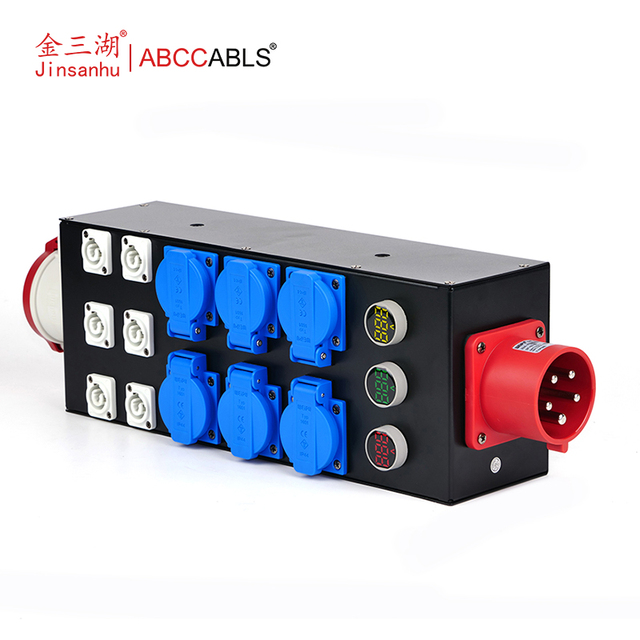 Customizable 63A 5Pin 3Phase Power Distribution Box with 6 PowerCON & 6 16A Sockets & 3 Digital Voltmeters for Stage Lighting