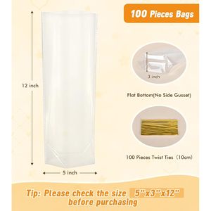 Flat Bottom Cellophane <b>Bags</b> 5x3x12 Inches <b>Clear</b> With Twist Ties 100 Pcs For Gift Packaging - Product Image 2