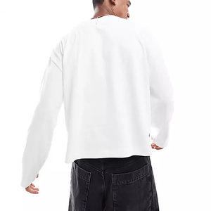 T-shirt da uomo a maniche lunghe <span class=keywords><strong>bianca</strong></span> tinta unita, vestibilità ampia e squadrata, in cotone, stile streetwear, di tendenza - Novità e Offerte imperdibili - Product Image 3