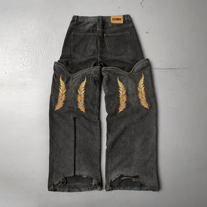 DiZNEW 2025 Jeans para Hombre, Premium, Negros, Lavados, de Pierna Ancha, con Detalles de Hojas Doradas, Fabricante de Jeans - Product Image 3