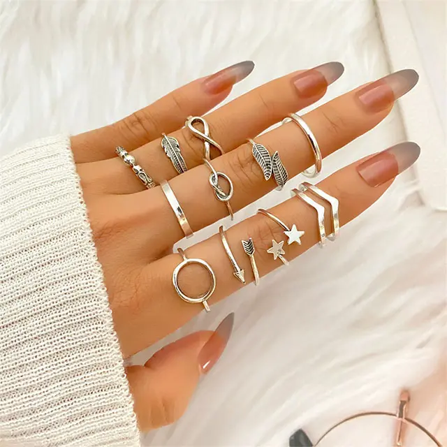 11pcs Trendy Vintage Jewelry Ring Set Silver Leaf Star Circle Wave Geometric Knuckle Rings
