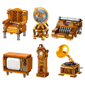 Ensemble <span class=keywords><strong>de</strong></span> 6 blocs <span class=keywords><strong>de</strong></span> construction rétro : machine à écrire, canapé, téléviseur, globe terrestre, horloge <span class=keywords><strong>de</strong></span> grand-père, gramophone – DIY, motricité fine, décoration intérieure, cadeau STEM pour enfants - Product Image 1