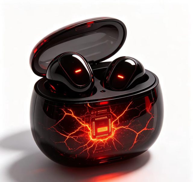 Gloss Black Mini Wireless Earbuds, Charging Case with Fiery Red  Circuit Neon Light