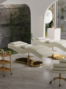 Lit de massage facial et spa de salon en cuir rose de haute qualité avec base dorée, lit cosmétique moderne de luxe réglable pour sourcils - Product Image 6