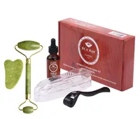 Facial Massager 3 In 1 Anti Aging Roze Roos Natuurlijke Jade Roller Germanium Gezicht Roller Derma Roller Kit Set Met baard Olie