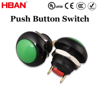 Interrupteur à bouton-poussoir en plastique HBAN 12 mm, tête verte, 2 broches, contact momentané 1NO, 250 V 5 A, indice d'étanchéité IP68, commande industrielle