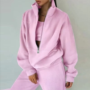 Conjunto de chándal de punto para mujer con logo frontal personalizado, media cremallera, de peso pesado, para invierno, sudadera y pantalón de chándal, informal, antiencogimiento, tallas grandes - Product Image 4
