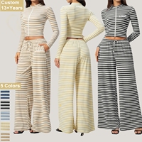 Ensemble de survêtement pour femmes, veste zippée rayée avec logo personnalisé, coupe ajustée, pantalon large pour le sport et le yoga, ensemble 2 pièces