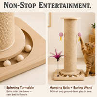 Griffoir pour chat en bois massif et sisal, Centre d'activités Colonne Romaine, Plateau tournant, Jouets suspendus, Baguette à ressort, Vente en gros OEM