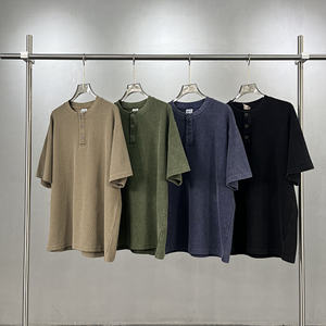 Chemise Henley en tricot gaufré surdimensionnée pour homme, t-shirt vintage en polyester/coton lavé, manches courtes, haut décontracté - Product Image 1