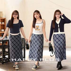 Jupe midi Happy Plus à carreaux bleus, taille naturelle, en coton, grande taille, pour femme, avec fente arrière, style preppy - Product Image 5