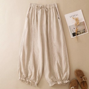 2026 New Summer Wholesale Ruffle Hem Cotton <strong>Linen</strong> Balloon Pants French Chic High Waist Drawstring Loose Lantern <strong>Trousers</strong> <strong>Women</strong> - Product Image 3