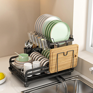 Kitchen Plates Bowls Organization 2 Tier Foldable Metal <b>Dish</b> Drying Rack with Drainboard - Product Image 3