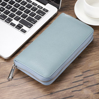 Dompet RFID Blocking Kulit Asli dengan Ritsleting, Pendek Multifungsi, Tempat Kartu Kredit & ID, Ringan, Wanita, Bahan Poliester