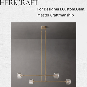 Contemporary Double Tier Rod Linear <b>Light</b> Satin Brass Frame Vertical Ribbed <b>Cube</b> Glass Pendant Lamp for Farmhouse Kitchen Island - Product Image 1