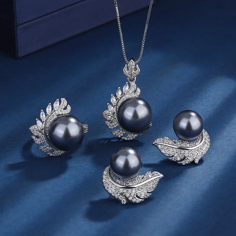 14 mm12mm Natürlicher echter Süßwasser Black Pearl Braut schmuck Weißer Zirkon Klassische Perlenkette Ohrringe Ring Set