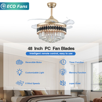 Ventilateur de plafond de luxe européen 48 pouces avec corps de lampe en cristal, pales en fer rétro, LED à intensité variable et télécommande intelligente
