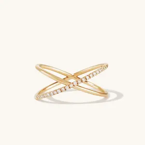 YINJU 925 Sterling Silver Fashion Pave Knot Overcross Stacking X Double Band Ring Women Jewelry