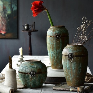 Bixuan <strong>Vases</strong> Green Retro Distressed Ceramic Jar <strong>Vase</strong> Unique Brass Ring Decor Art Porcelain <strong>Vases</strong> Table Centerpieces <strong>Set</strong> of <strong>3</strong> - Product Image 1