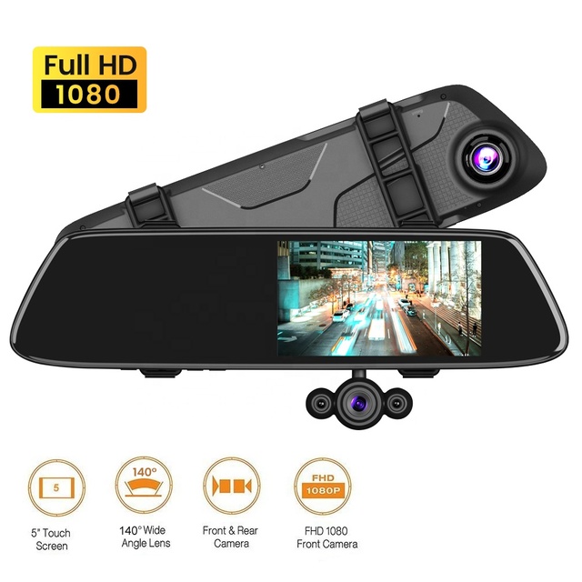 High Quality V9S Dual Lens Car Rearview Mirror 1080p Front & Rear Dash Cam 5\" Touch Screen Driving Recorder Black Box
