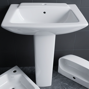 Lavabo ovale en céramique avec piédestal intégral, résistant à l'eau, articles sanitaires pour hôpital, centre commercial, villa, salle de bain - Product Image 2