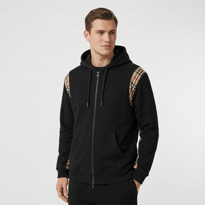 Sudadera con capucha negra con cremallera para hombre, diseño de bloques de color y patrón a cuadros en los hombros, para otoño - Product Image 2