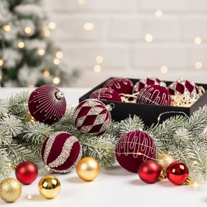 Boules de Noël décoratives de luxe en plastique floqué avec strass, 2 couleurs, fabriquées à la machine, à suspendre pour sapin de Noël - Product Image 1