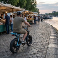 Vélo électrique moderne et masculin pour homme, idéal pour la ville, avec longue banquette, style rétro vintage, pour les balades au marché de la pêche en bord de rivière