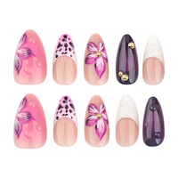 Bestseller – Ongles press-on 3D à motif floral, blancs à bords roses, imprimé léopard, courts, forme amande, pour manucure