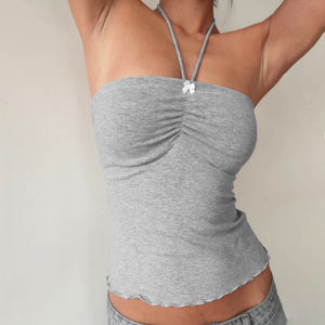 Top de Verano Sexy con Cuello Halter y Lazos, Transpirable, de Color Sólido, Tejido Elástico, sin Mangas - Product Image 5
