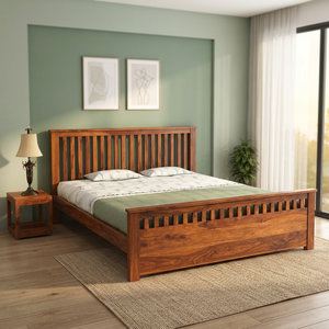 Contemporary Solid Teak <b>Bed</b> <b>Frame</b> with Slatted Headboard Midcentury Modern Design Nightstands - Product Image 3