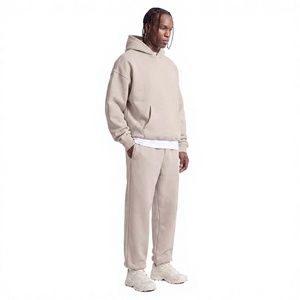 Survêtement à capuche beige pour homme, 100% coton, manches longues, couleur unie, coupe ample décontractée avec poches latérales, vêtements d'automne - Product Image 1