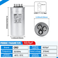 Condensateur à film mince double allumage en aluminium CRD CBB65 60+8uF 370VAC certifié antidéflagrant pour démarrage de compresseur HVAC et ventilateur, conforme RoHS