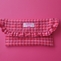 Belle étui cosmétique à carreaux rose à volants pour femmes sur mesure HOOK & LOOP Clutch Portable pour une utilisation estivale