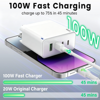 Chargeur rapide USB-C GaN 100W avec écran LED, 2 ports USB-C, 2 ports USB-A, adaptateur mural PD multi-ports, prise UK EU US AU, chargeur de voyage