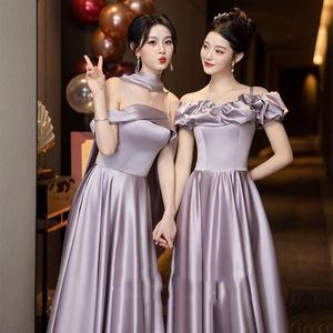 Bridesmaid Dresses Purple Satin A-Line Sweetheart Neckline Natural Waist Long Gown For Wedding Party Adult Wear - Product Image 2