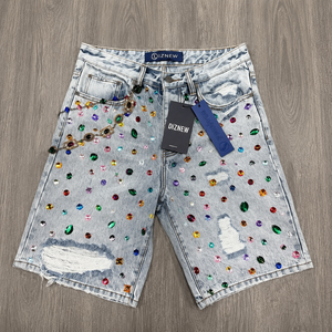 DiZNEW Pantaloncini in denim da uomo personalizzati <span class=keywords><strong>con</strong></span> strass, lavaggio acido, modello baggy, <span class=keywords><strong>con</strong></span> diamanti, strappati, stile rapper, streetwear, OEM - Product Image 1