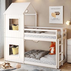Lit superposé en bois pour enfants 90x200cm, lit mezzanine 2 places avec design <span class=keywords><strong>cabane</strong></span> et barrière, pour chambre à coucher - Product Image 1