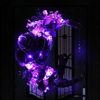 Dekorasi Halloween Karangan Bunga Kucing Bulan dengan Lampu Mawar Hitam untuk Gantungan Pintu Depan Rumah di Halloween