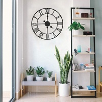 Horloge décorative en métal à piles silencieuse intérieure noire, grande horloge murale en fer forgé vintage industrielle européenne