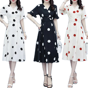 Abito da donna a linea a vita alta a maniche corte retrò nuovo stile Casual a pois a contrasto-dolce romantico <span class=keywords><strong>Midi</strong></span> per l'estate inverno autunno - Product Image 1