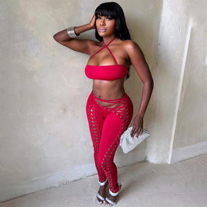 女性服セクシーレースアップカラー中空ホルタータンクトップとスキニーフィットパンツセット女性ロングパンツツーピースロングセット - Product Image 6