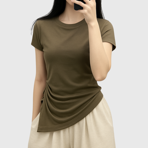 Camisetas ajustadas con cordón y logotipo personalizado para mujer, camisetas cortas con cuello redondo, blusas versátiles informales de estilo veraniego Sexy de Color sólido - Product Image 5